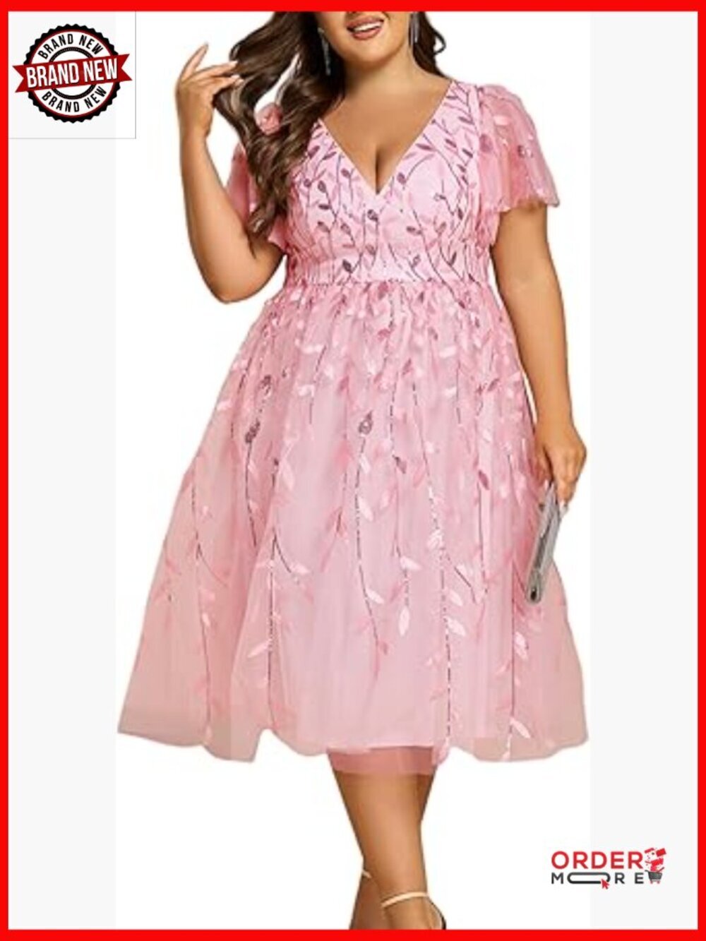 Sequined A-Line Midi Plus Size Cocktail Dress V-Neck Short Sleeve